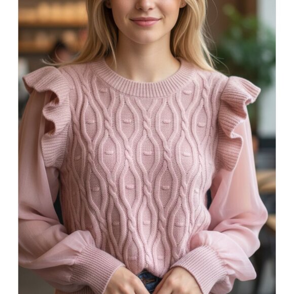 NEW Design History Pink Smoke Cable Knit Ruffle Sheer Sleeve Sweater Size Medium - Picture 1 of 6